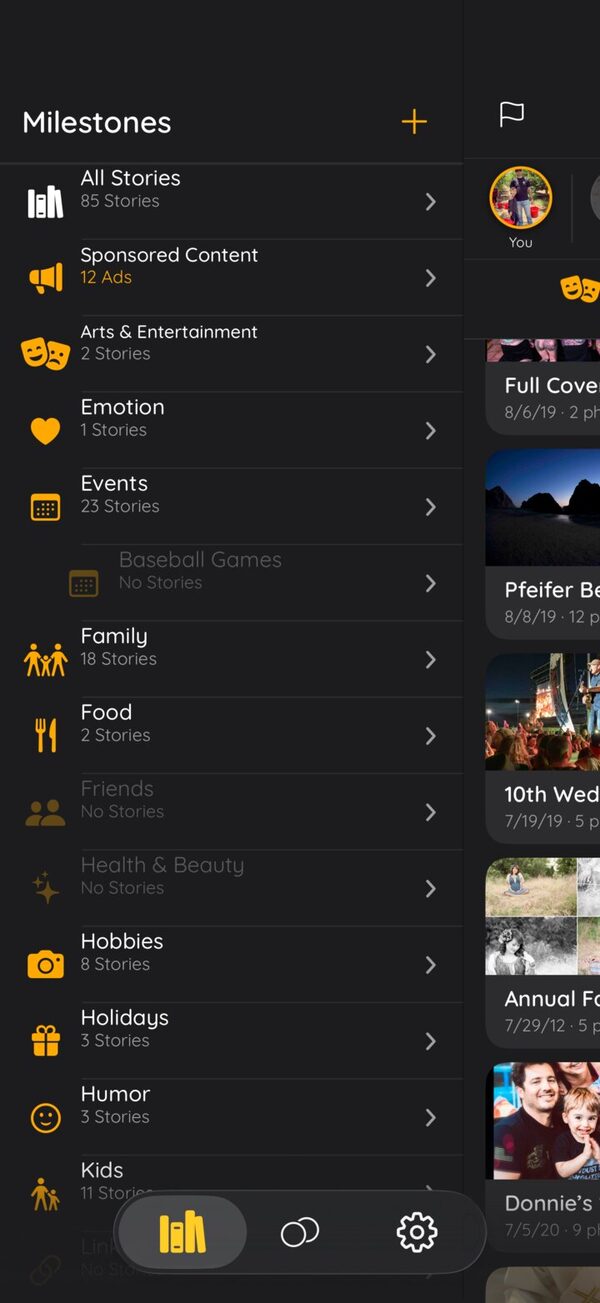 The milestones drawer listing All Stories, Arts and Entertainment, Emotion, Events, Family, Food, Hobbies, Holidays, Humor and Kids